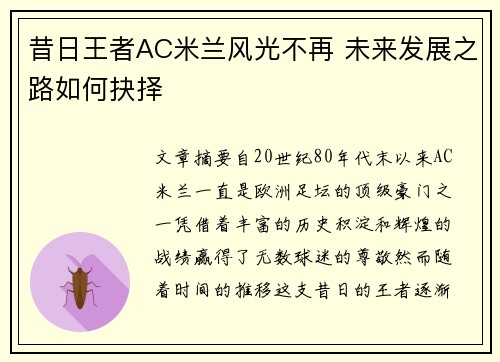 昔日王者AC米兰风光不再 未来发展之路如何抉择 昔日王者AC米兰风光不再 未来发展之路如何抉择