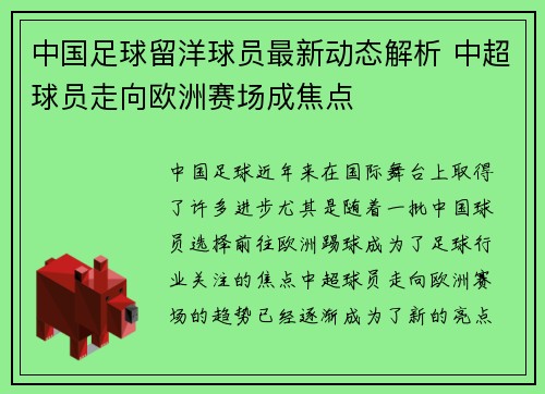 中国足球留洋球员最新动态解析 中超球员走向欧洲赛场成焦点
