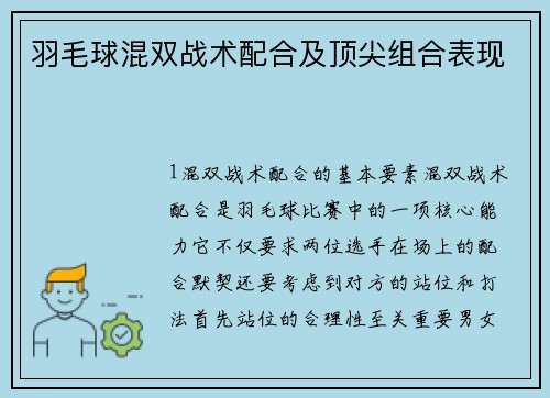 羽毛球混双战术配合及顶尖组合表现